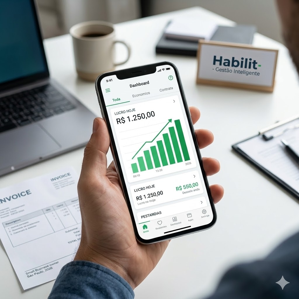 Empresário visualizando dashboard de lucro no celular