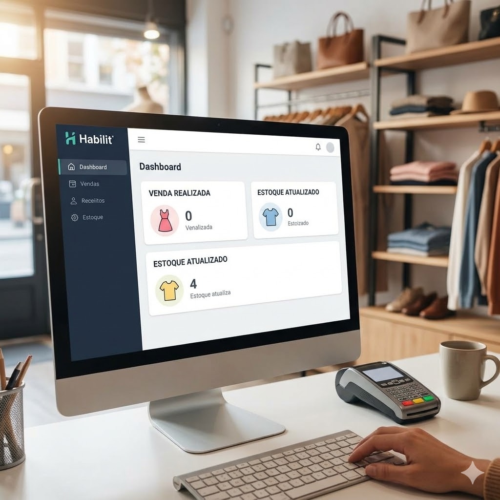 Sistema de gestão moderno em um computador de loja de roupas